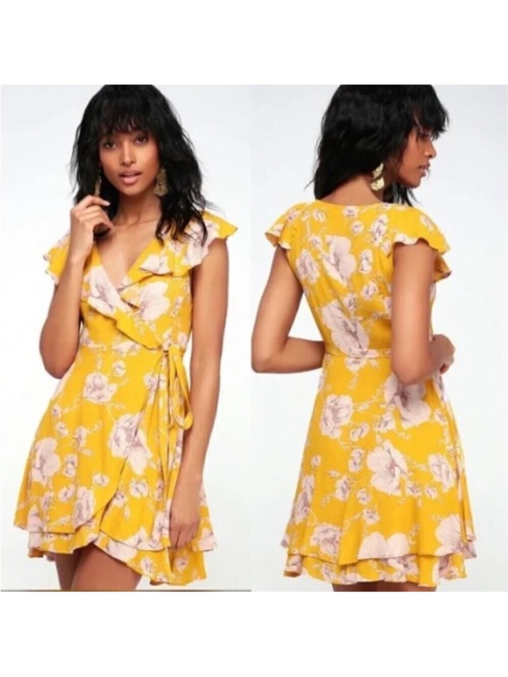 Free People French Quarter Yellow Floral Print Wrap Dress Size Medium